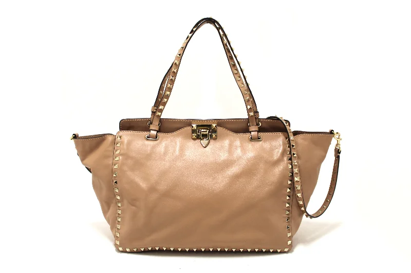 Louis Vuitton handbags with a back - zip pocket for storing valuablesAuthentic Valentino Medium Rockstud Beige Nappa Leather Tote Shoulder Bag