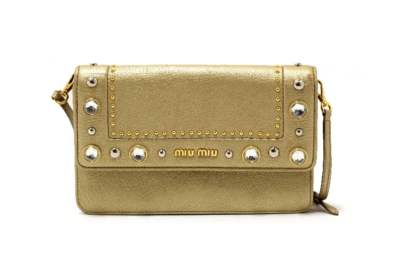 Louis Vuitton Twist bags with a contrast - colored interior for visual interestAuthentic Miu Miu Crystal Gold Leather Wallet Bag