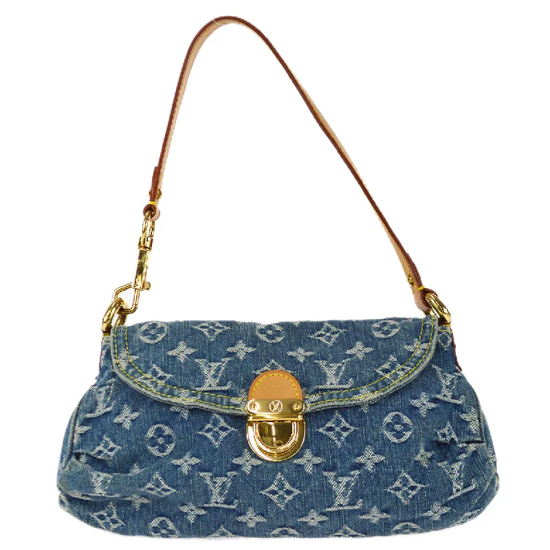 Louis Vuitton tote bags with a printed LV logo on the front for brand visibilityLouis Vuitton 2005 Blue Monogram Denim Mini Pleaty Handbag M95050