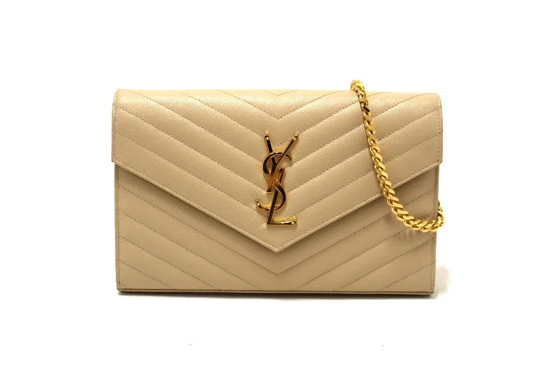 Louis Vuitton crossbody bags with adjustable shoulder straps for comfortAuthentic Saint Laurent Beige Matelasse Grain De Poudre Chevron Chain Wallet Crossbody Bag