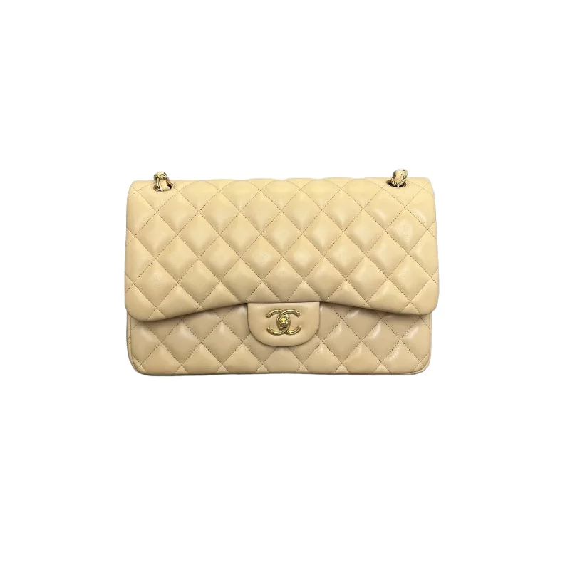 Chanel Classic Flap Bag for Evening PartyJumbo Double Flap Beige Lambskin Quilted GHW