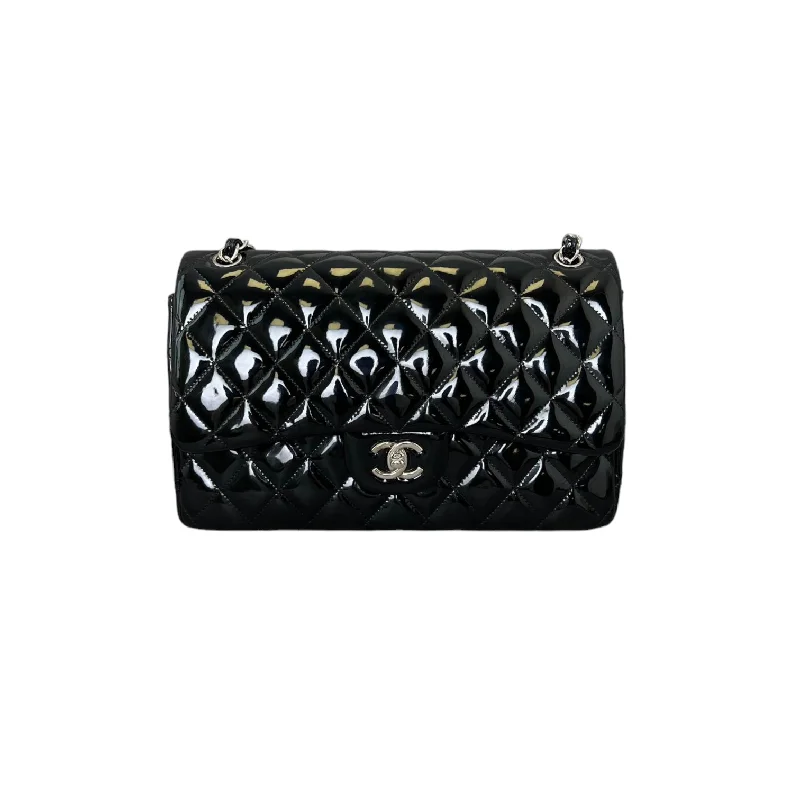 Chanel Handbag with Adjustable Strap for ComfortJumbo Double Flap Black Patent Quilted Shoulder Bag SHW