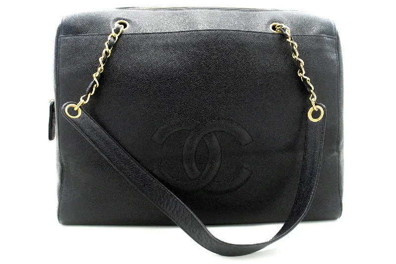 Chanel Medium Tote Bag for Office LadiesCHANEL Caviar Big Large Chain Shoulder Bag Black Leather Gold Zip