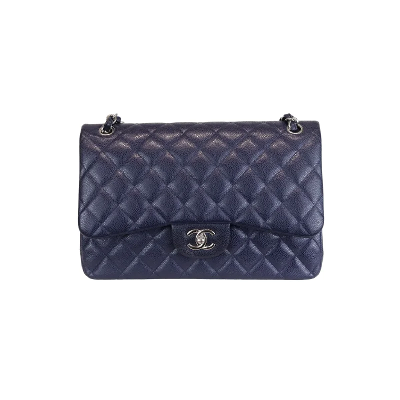 Chanel Handbag with Adjustable Strap for ComfortCaviar Quilted Jumbo Double Flap Dark Blue SHW