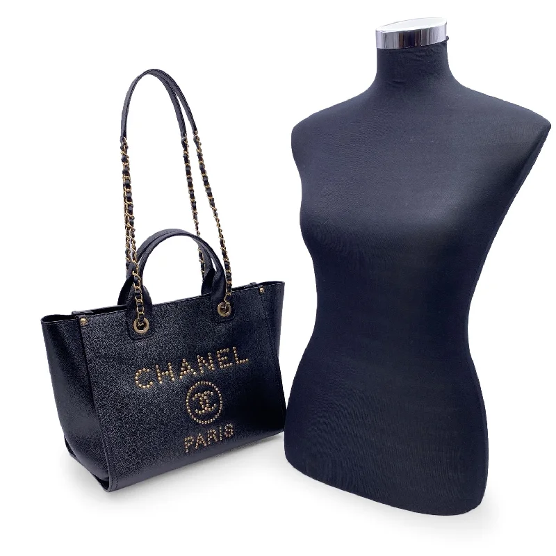 Chanel Vintage Inspired Handbag for Retro LoversCHANEL Black Caviar Leather Studded Deauville Tote Shoulder Bag