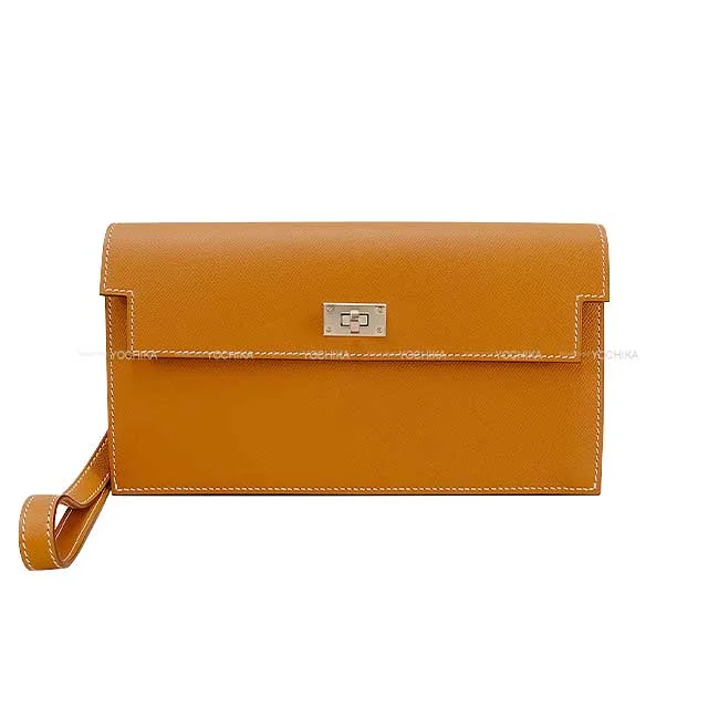 HERMES change purse Kelly Pocket Long Wallet Strap Clutch Bag  Gold Veau madame Silver HW Stamp