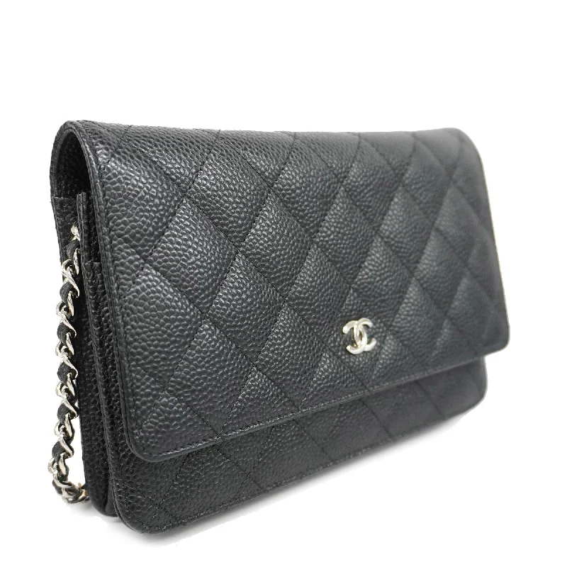 Chanel Small Crossbody Bag for TravelCHANELAuth  Matelasse Silver Hardware Caviar Leather Chain/Shoulder Wallet Black