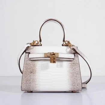 Hermes Kelly 20cm Lizard Leather Bag Grey White Gold