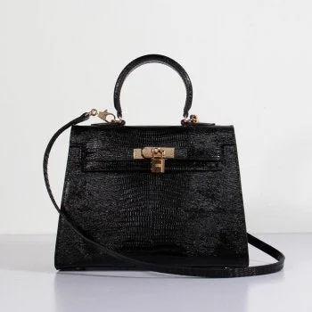 Hermes Kelly 25cm Lizard Leather Bag Black Gold