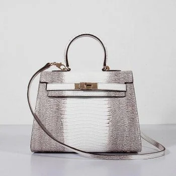 Hermes Kelly 28cm Lizard Leather Bag Grey White Gold