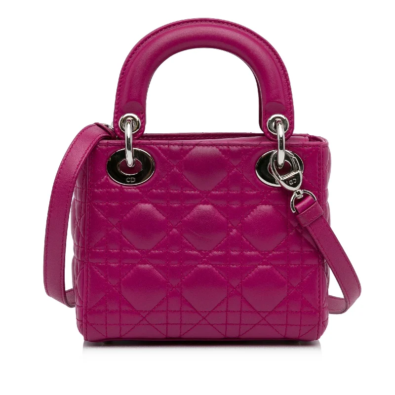 Christian Dior bags with a side - pocket for holding a water bottleDior Lady Dior Mini Pink Cannage Lambskin Silver