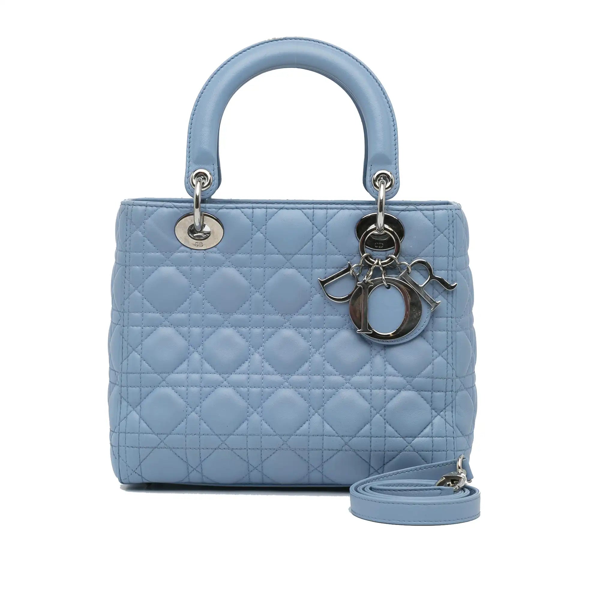 Contemporary Christian Dior handbags with a unique shapeDior Lady Dior Small Light Blue Cannage Lambskin Silver