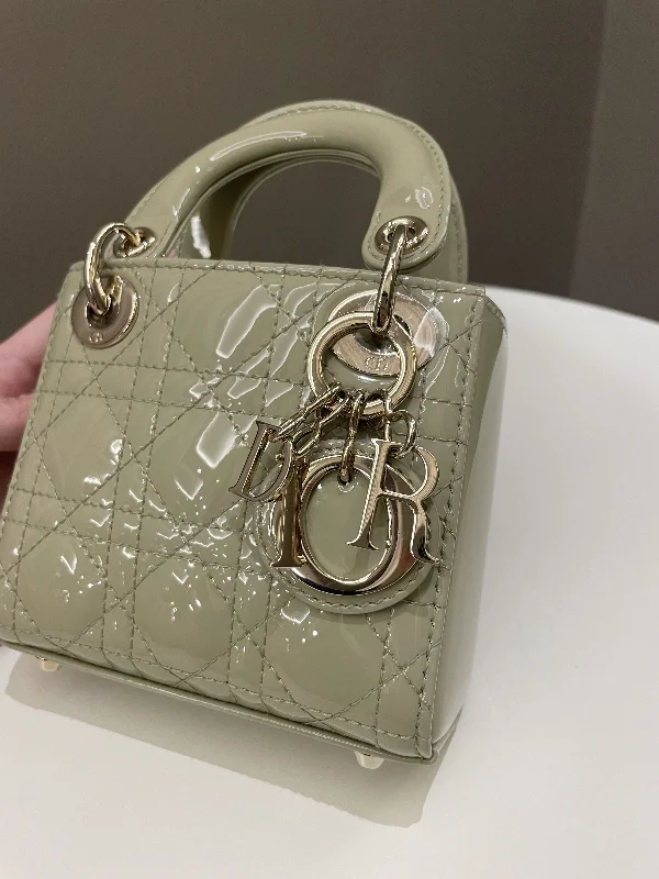 Christian Dior handbags with a detachable mirror for on - the - go touch - upsDior Lady Dior Micro Ethereal Sage Patent